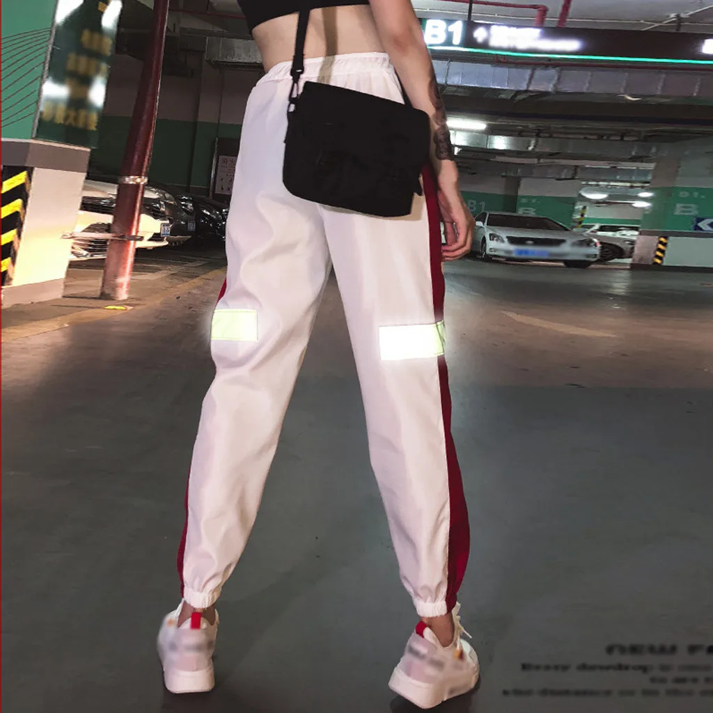 Бесплатная Страусиные брюки женские светоотражающие полосы сшитые ремень