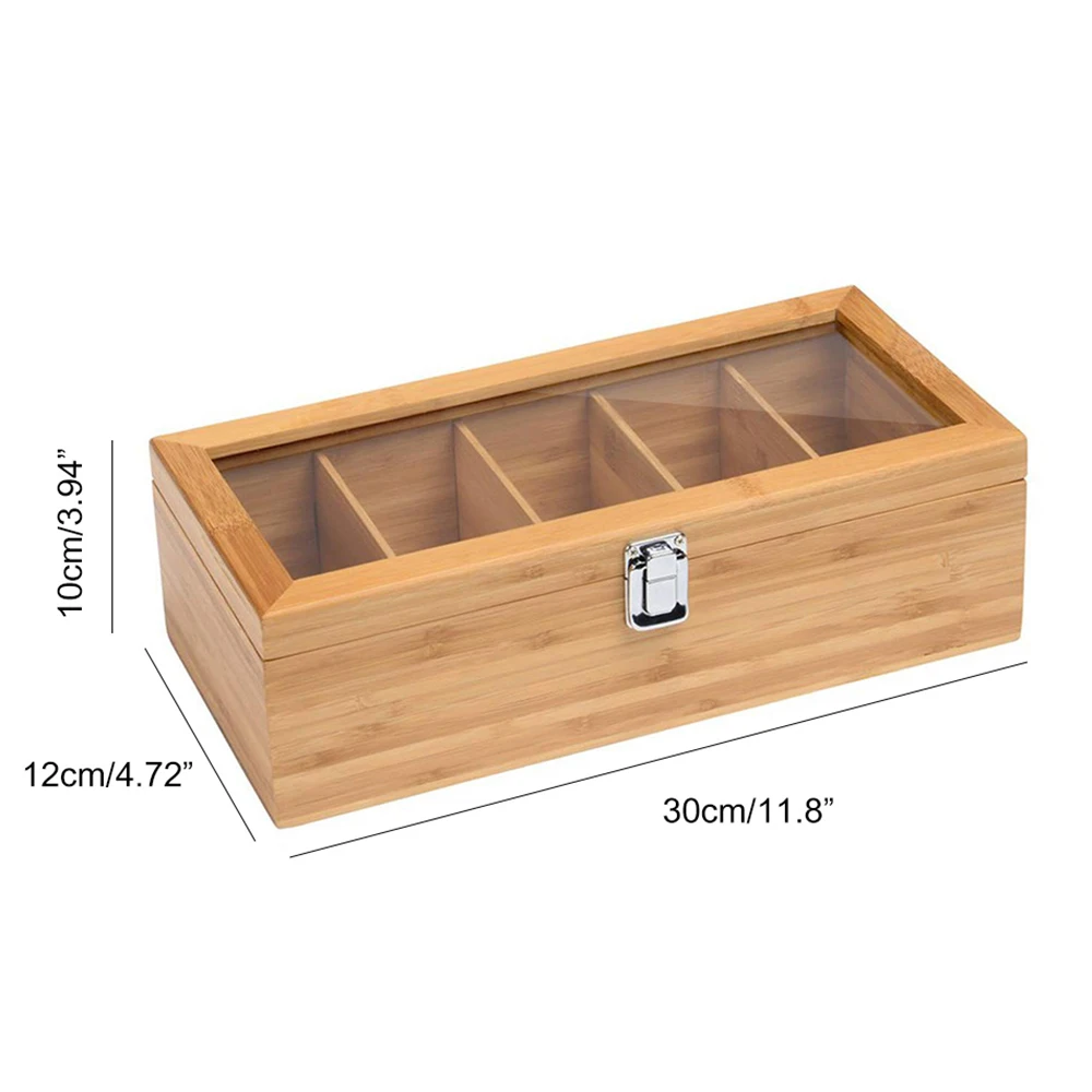 

Tea Bag Storage Box Transparent lid Bamboo Organizer Box Bags With 5 separate compartments for storing tea bags sugar packets