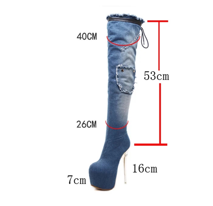Bottines Femme/женская зимняя обувь; синие джинсовые сапоги выше колена; женские модные высокие сапоги; сапоги на платформе и каблуке 16 см; женские сапоги на высоком каблуке