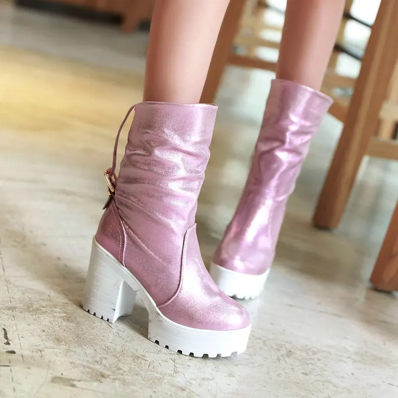 

LDHZXC Women Mid-calf Boots High Heels Female Motorcycle Boots Round Toe Rubber Sole Platform High Heel Ladies Party Boots