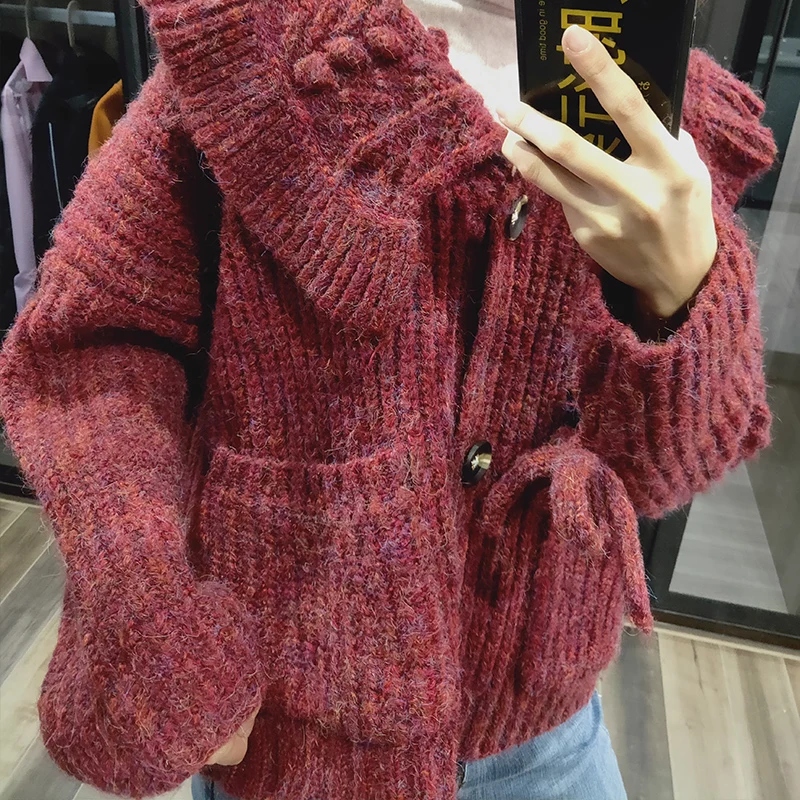 Осенне-зимний вязаный свитер кардиган женский милый с большим отложным