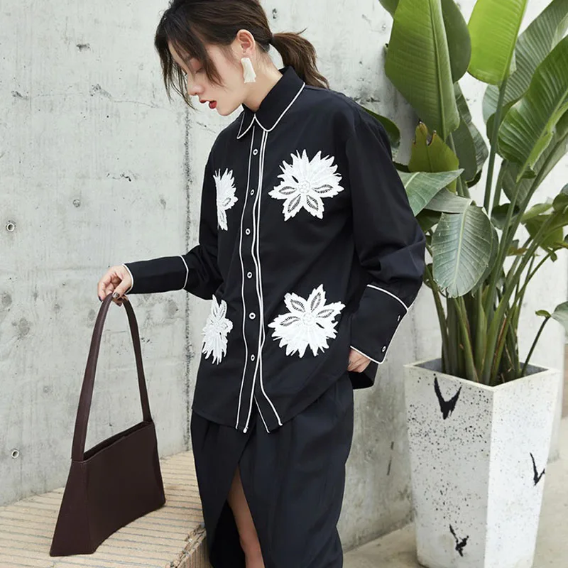 Женская винтажная рубашка с длинным рукавом черная или белая свободная офисная в