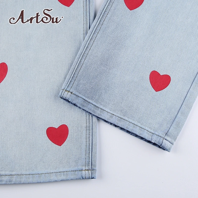 

Artsu Casual Gradient Heart Print High Waist Jeasn Fashion Denim Trousers Straight Baggy Pants Women Contrast Color ASPA82950