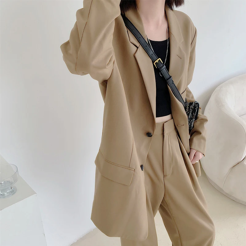 

[EAM] Women Khaki Split Joint Temperament Blazer New Lapel Long Sleeve Loose Fit Jacket Fashion Tide Spring Autumn 2021 1DA309