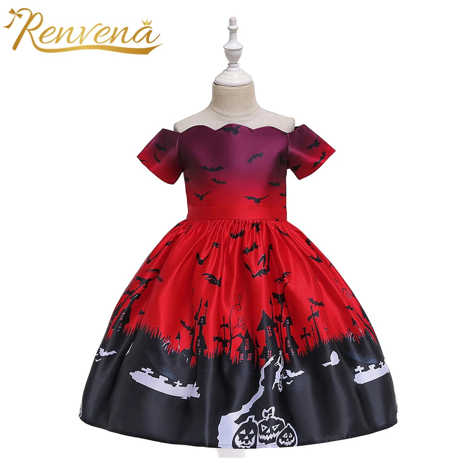 

Костюм на Хэллоуин для девочек, косплей, вечернее платье, шикарное атласное праздничное платье с принтом тыквы и высокой талией, детская оде...