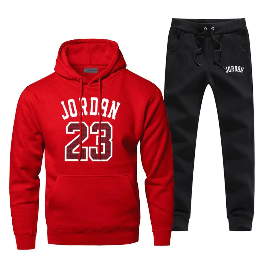 Jordan 23 принт Мужской полный костюм спортивный костюм модный бренд человек спортивный костюм повседневное термо нижнее белье флис зима хип хоп Уличная одежда - Color: Red