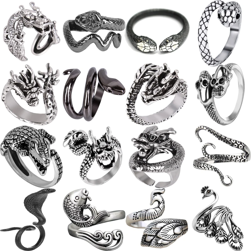 

3D Spirit Snake Ring for Men Women Dragon Animal Antique Siver Opening Adjustable Rings Vintage Neogothic Finger Jewelry Fings