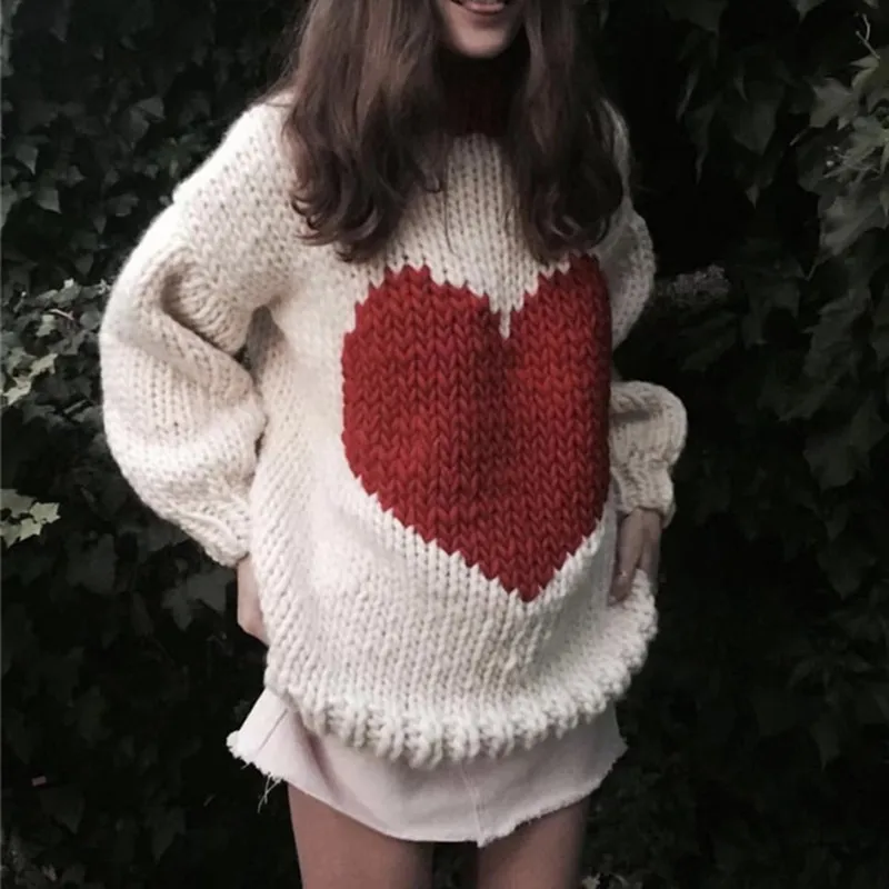 

Women Loose Red Heart Prin Hand-knitted Sweater 2020 Autumn Winter O Neck Thick Wool Needle Pullover Love Vintage Long Sweater