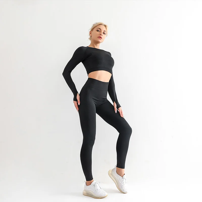

Seamless Leggings Knitted Yoga Sports Suit Women Workout Clothes 2-Piece Suit Tight Jacquard Sweatpants Body Yoga Top Yoga Suit