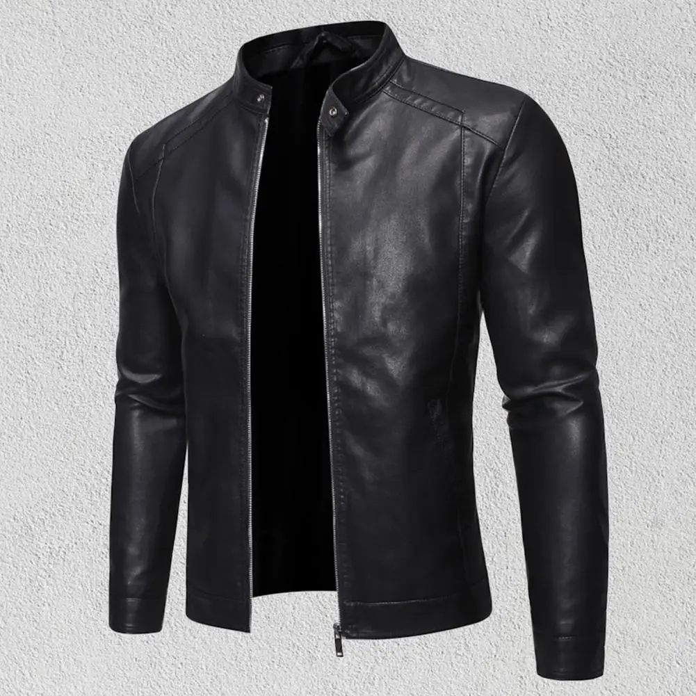 

Hot Sale Popular New Zipper Closure Stand Collar Men Jacket Faux Leather Windproof Motorcycle Jacket Outwear Cool 2021 Plus Size