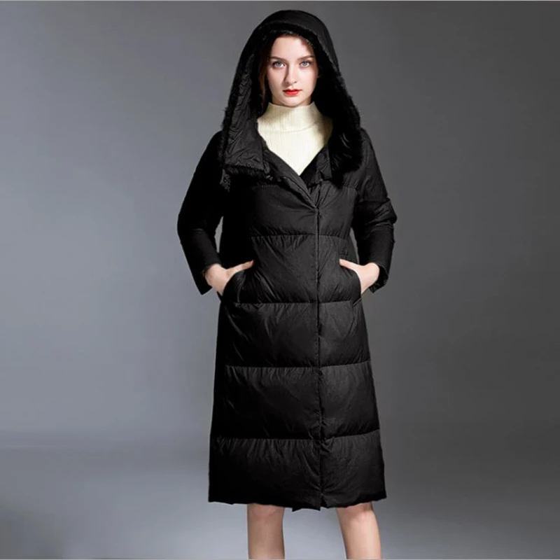 New style long down jacket Women wool collar thick Parcel type coats with a hood female duck clothes medium black overcoat | Женская