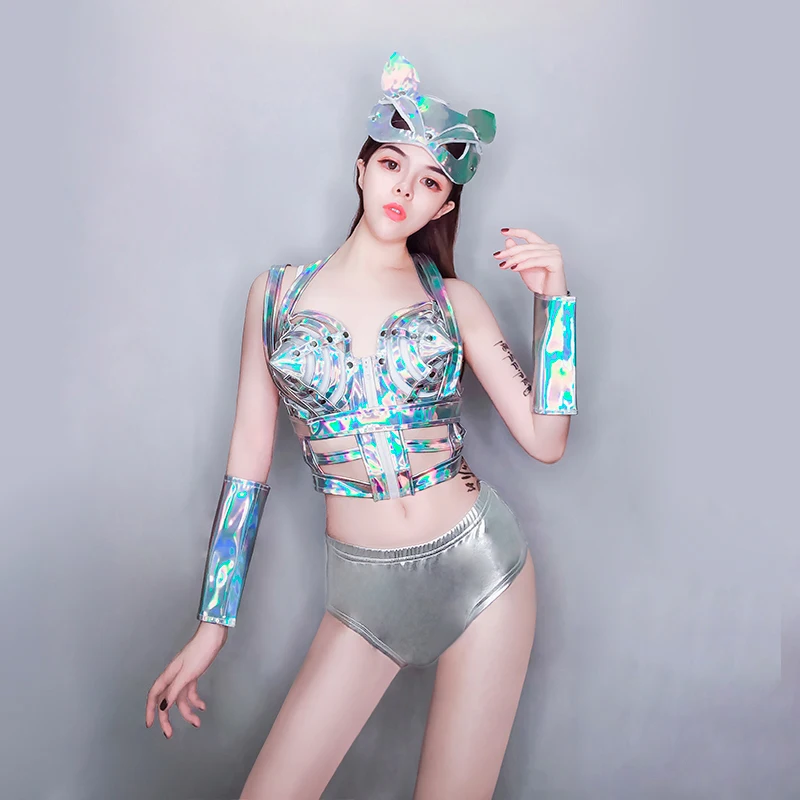 

2020 Magic Color Leather Sexy Dj Nightclub Collar Dance Costume Colorful Bikini Stage Dress Ds Stage Costumes For Singers Suit