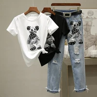 one pieceset ladies sportswear ladies ropa mouji two piece embroidered t shirt top ripped jeans crop crop top road moody
