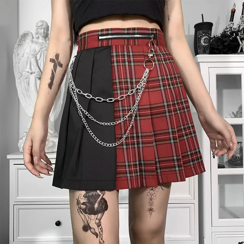 

Goth Punk Skirt Gothic Plaid A Line Mini Skirts Harajuku Streetwear Sexy Plaid Patchwork Skirt E Girl Grunge Chain Y2K Club Wear