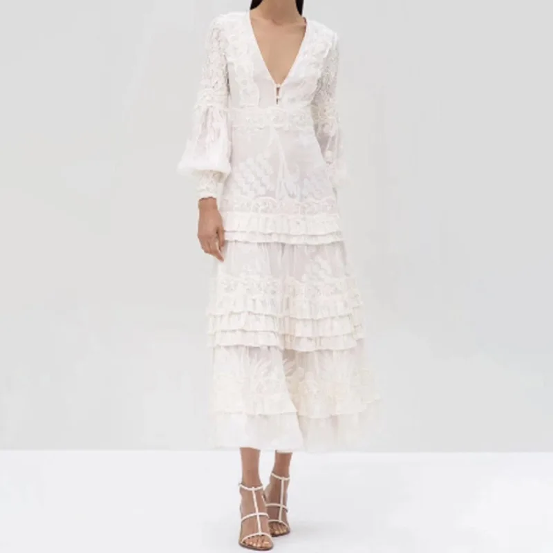 

Autumn 2020 new sexy V-neck water soluble Decal embroidery long sleeve waist Ruffle cake long dress