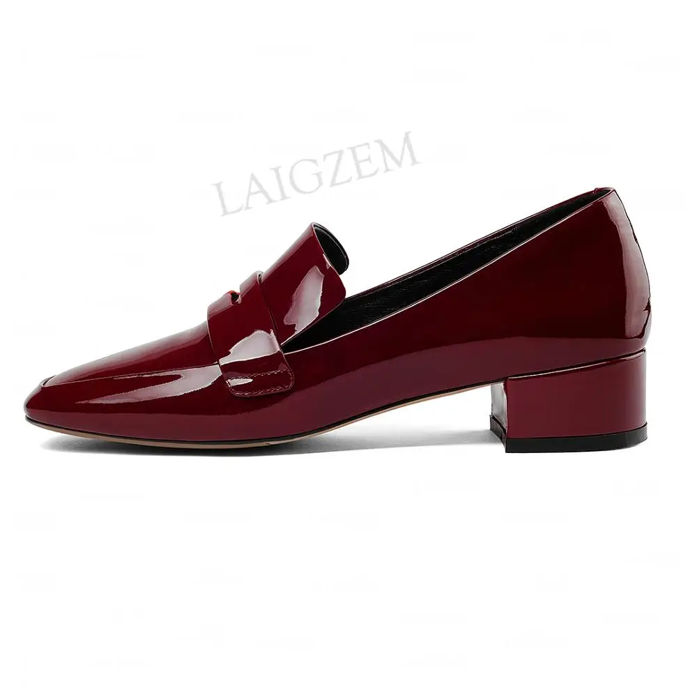 

LAIGZEM FASHION Women Pumps LEATHER Low Block Heels Shiny Slip On Office Ladies Talon Female Shoes Woman Big Size 33 38 40 4142