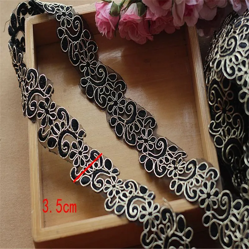 2 ярдов Черная Золотая автомобильная лента с изображением кости кружева 35 мм