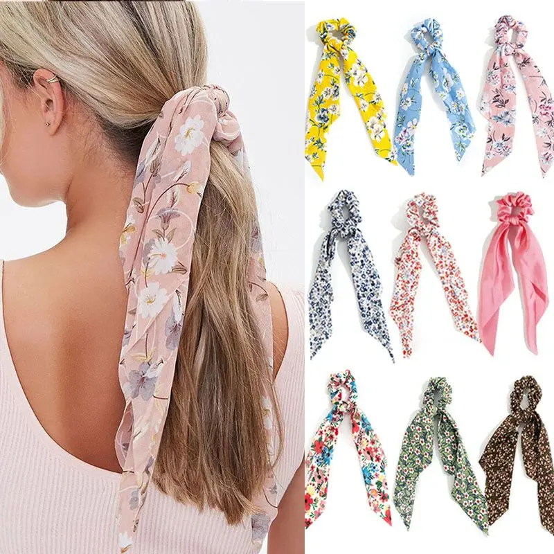 

Fashion Chiffon Hair Scarf Scrunchie For Women Knotted Floral Print Ribbon Tie Hair Band Elastic Ponytail Girl Hair Accessories