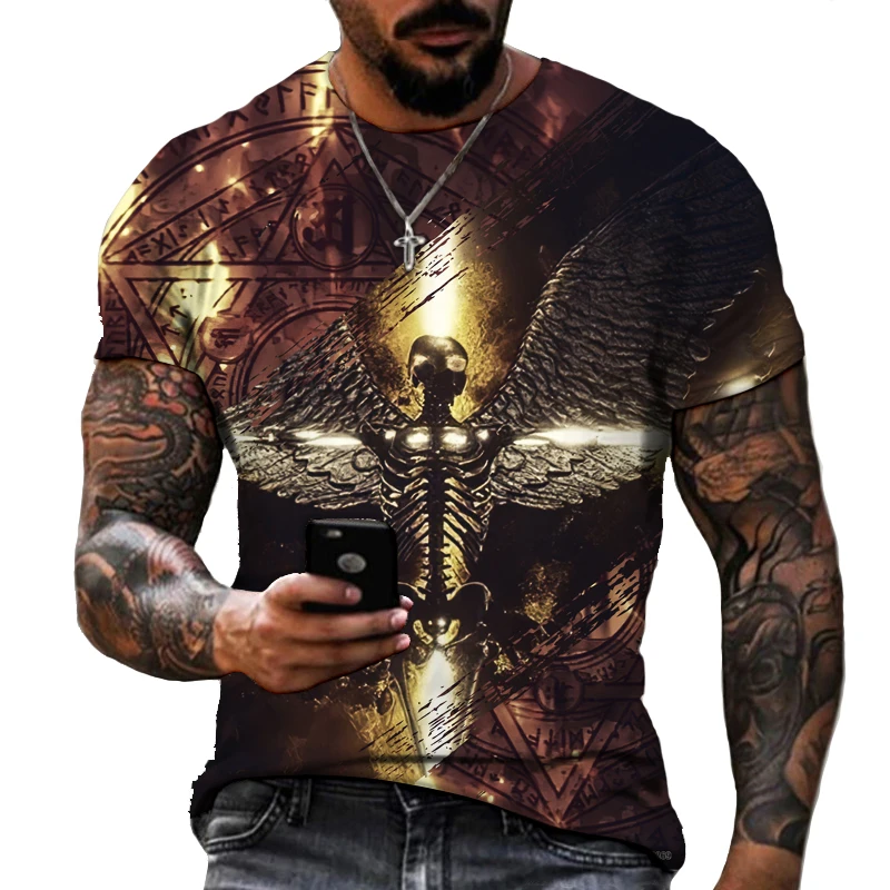 

New 3D Heavy Metal Skull T-shirt Punk Rock Men's Print Casual Round Neck Hip Hop Oversized Short Sleeve