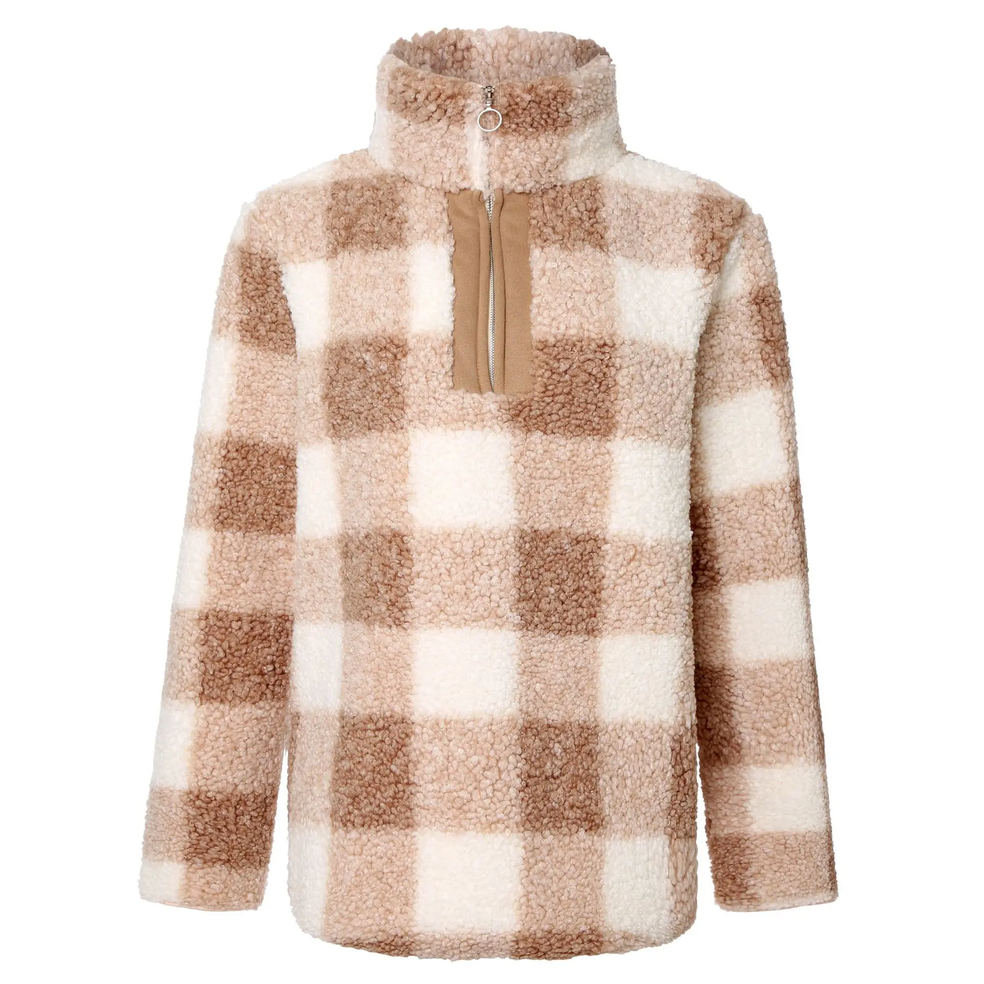 

New autumn and winter new plush zipper long sleeve plaid sweater