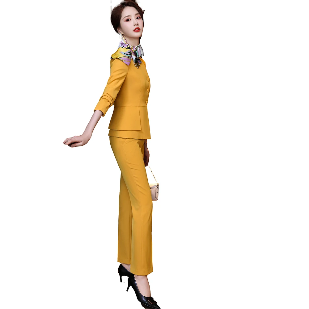 2021 New Yellow Black Women's Pants Suit 2 Pieces Set Formal Elegant Ladies OL Blazer Female Jacket + Trousers Plus Size S-4XL