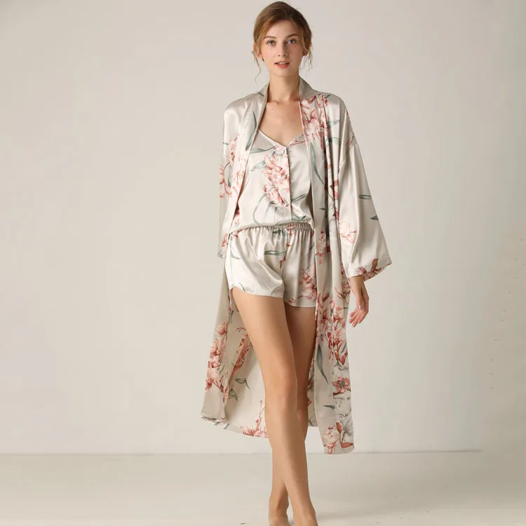 

Shorts Pajamas Set with Robes Three Pieces Set Clothes for Female Satin Pajamas Cardigan Sleep Tops Printed Mid-length Sleepwear