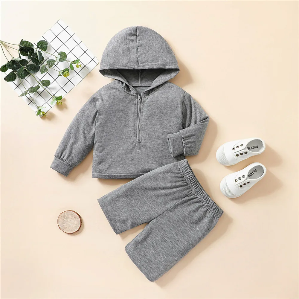 

Fall 2 Pieces Kids Suit Set Solid Color Long Sleeve Hoodies Tops Pants for Girls Gray Children's Sets