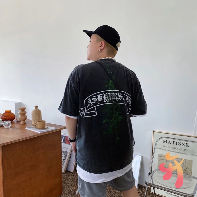 

Men Women Kanye Askyurself T Shirt High Quality Sanskrit Letters Lightning Top Tees Oversized Kanye West Fashion Casual T-shirt