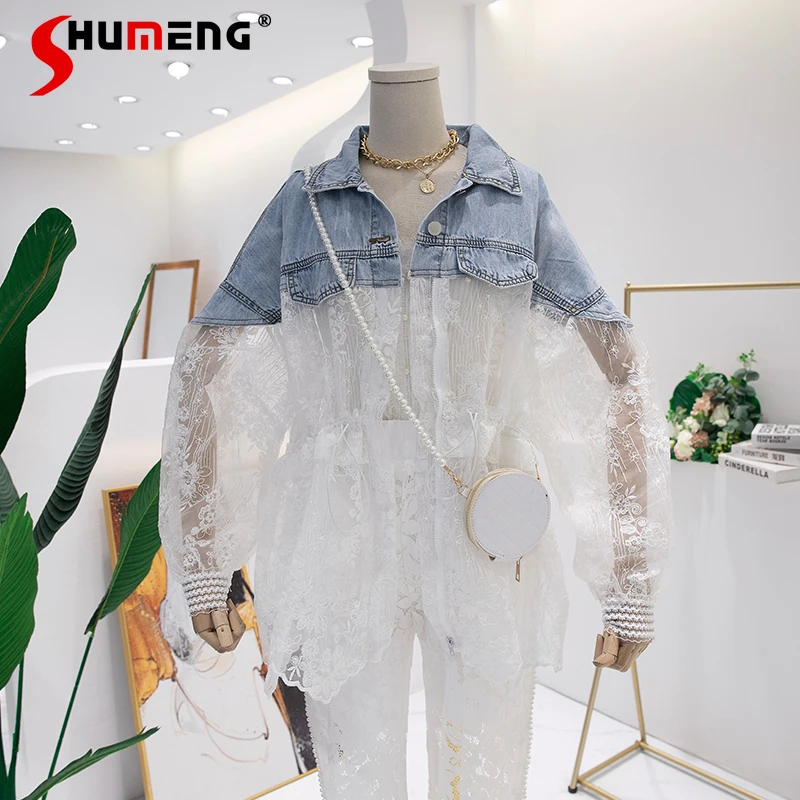 

2021 Spring Summer Lace Patchwork Denim Western Style High Street Women Jacket Ladies European Fashion Denim Splicing Coat