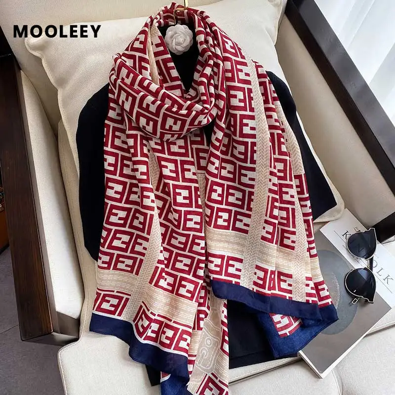 

Classic Geometric Print Scarf for Women Cotton Linen Jersey Hijab 90x180cm Foulard Warm Long Shawl Lady Beach Sunscreen Bufanda