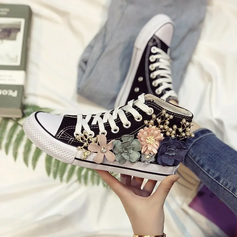 Summer High Top Women Sneakers Wedges Canvas Shoes Fashion Casual Shoes Woman Handmade Custom Pearl Flowers White Black Flats