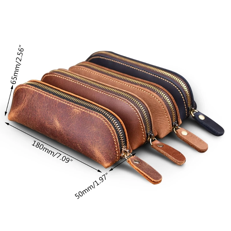 

Handmade Genuine Leather Pencil Bag Vintage Cowhide Zipper Pen Case School Bag