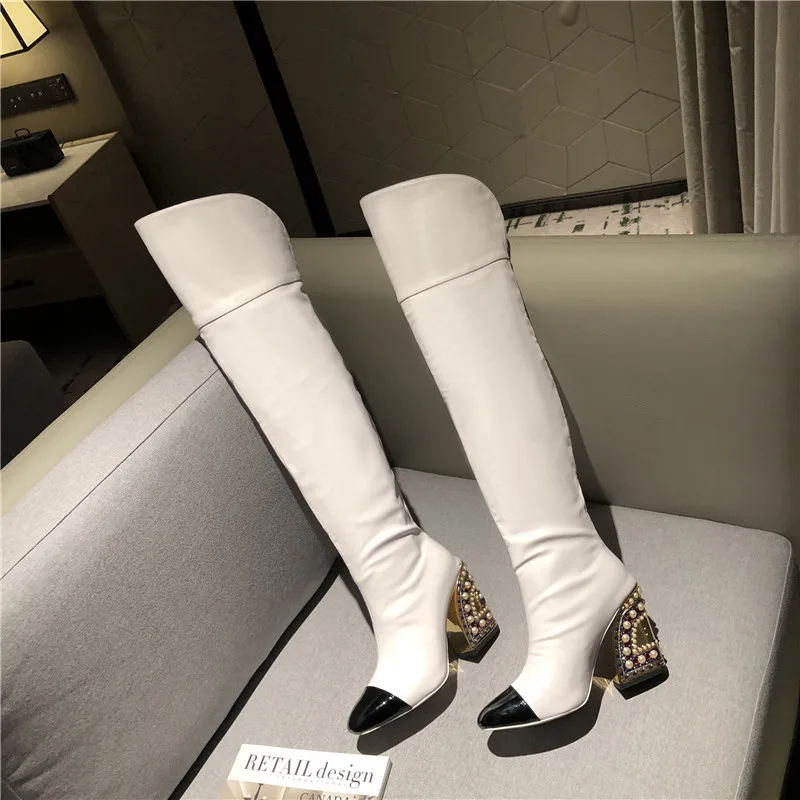 Gold Over The Knee Boots Brand New European And American Ladies Banquet Party Thigh High Heels Rhinestone Metal Decorative Boots