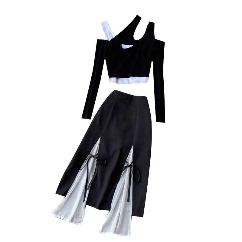 

Fashion Streetwear Asymmetrical Women Sets Autumn Winter New Long-Sleeved T-Shirts And Patchwork Knee-Length Clothing Suits Top
