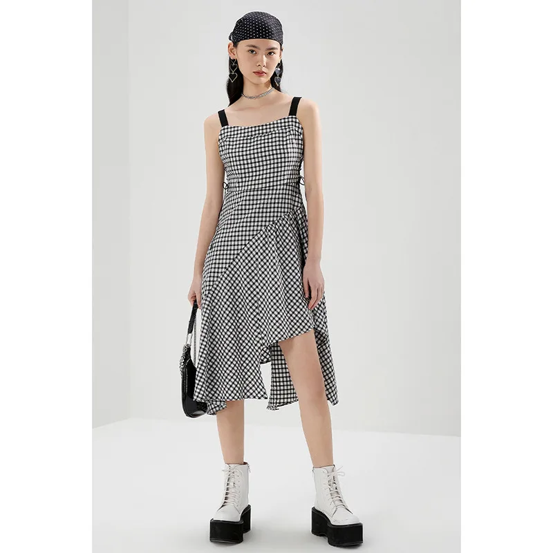 

Dress 2021 Plaid Women's Summer Dress Patchwork Asymmetrical Casual Women's Dresses Sleeveless Camisole Summer Dress Woman 2021