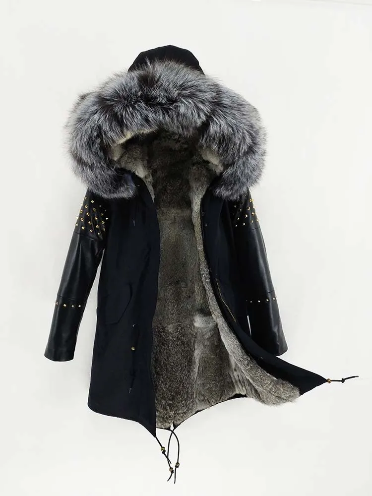 13 rabbit fur liner Женская длинная парка с воротником из натурального меха лисы, зимняя куртка с капюшоном, пальто с заклепками, Монгольская овечья кожаная верхняя одежда с рукавами, Detachabl - Цвет: 13 rabbit fur liner