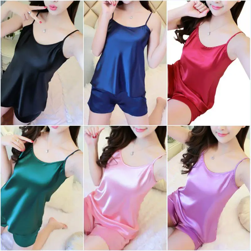 

Ladies Sexy Silk Satin Nightwear Sling T-shirts and shorts are loose-fitting version that are Sleepwear Plus Size M-2XL Hot