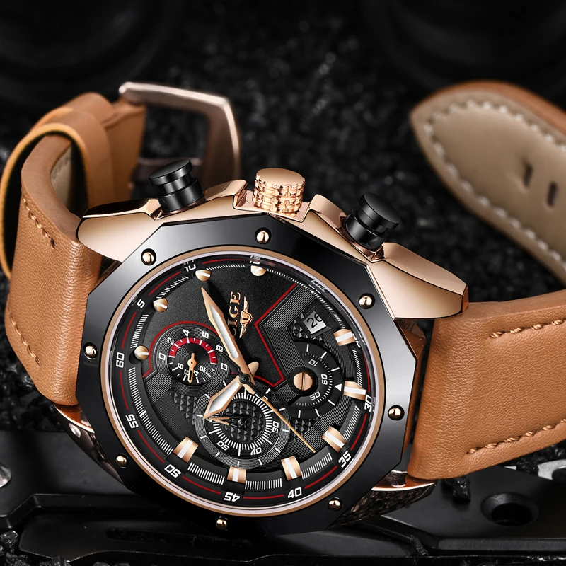 Часы наручные LIGE Мужские кварцевые брендовые Роскошные повседневные