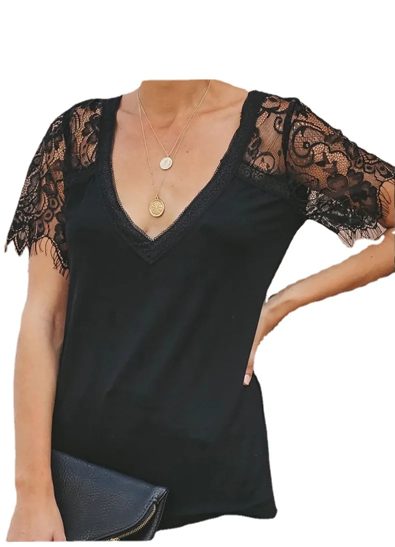 

Summer new women's sexy solid Casual Short Sleeve V-neck feather lace lace sleeve T-shirt