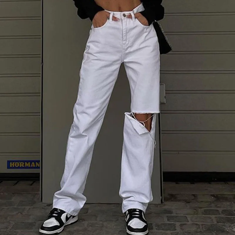 

2021 белые рваные повседневные джинсы с дырками женские хип-хоп джинсовые брюки с высокой талией женские винтажные летние брюки-Капри в стиле...