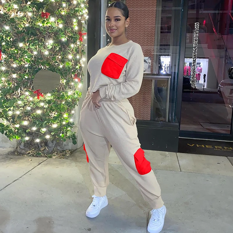 

women's casual patchwork two-piece long-sleeved pocket decorative pullover sweater trousers sports suit lady fashion streetwear