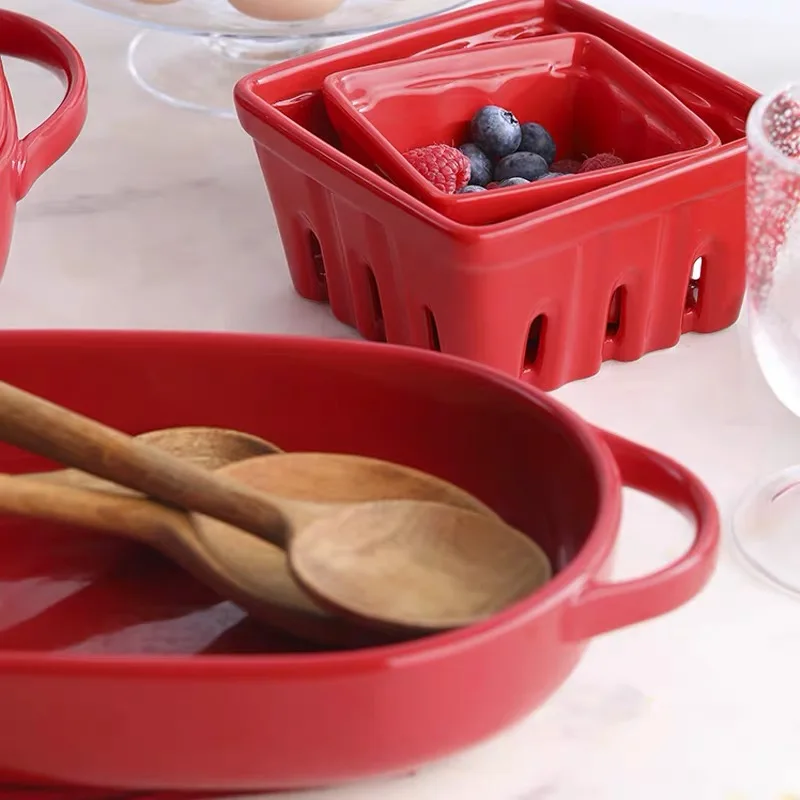 Красная керамическая Comal чаша для выпечки с крышкой двойной ушной тушью горшок