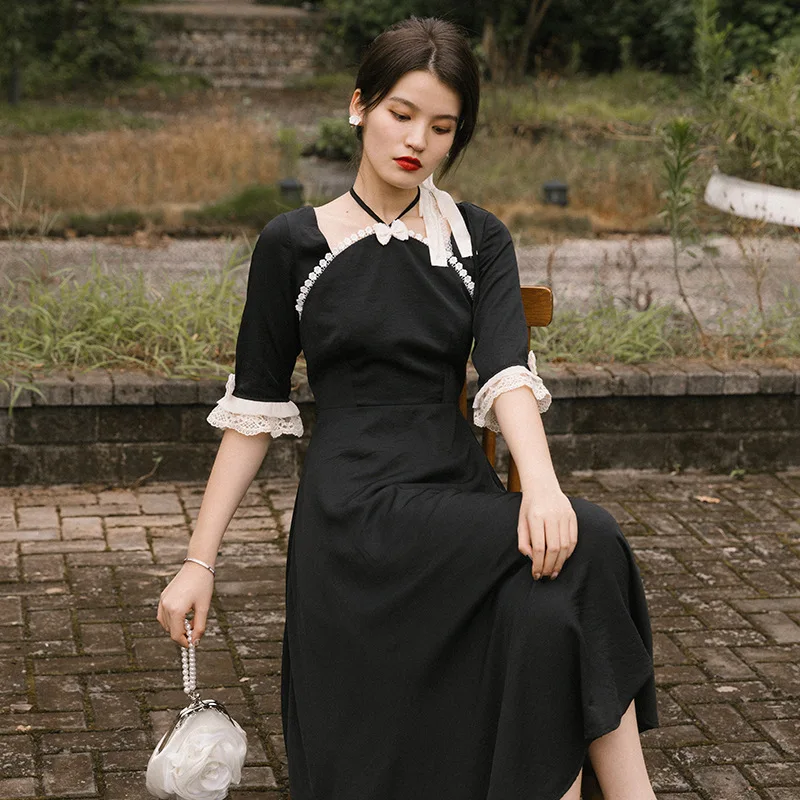 

Mandylandy Women's Casual Stitching Lace Dress Spring and Autumn Halter Half Sleeve Slim High Waist Dress