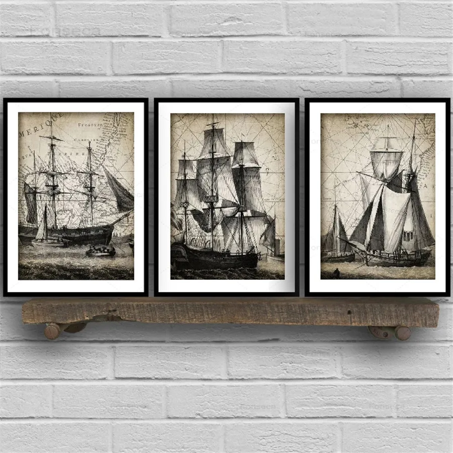 

Vintage Sailing Ship Triptych Posters and Prints Bathroom Wall Art Decor Navy Ship Nautical Art Canvas Painting Decoration