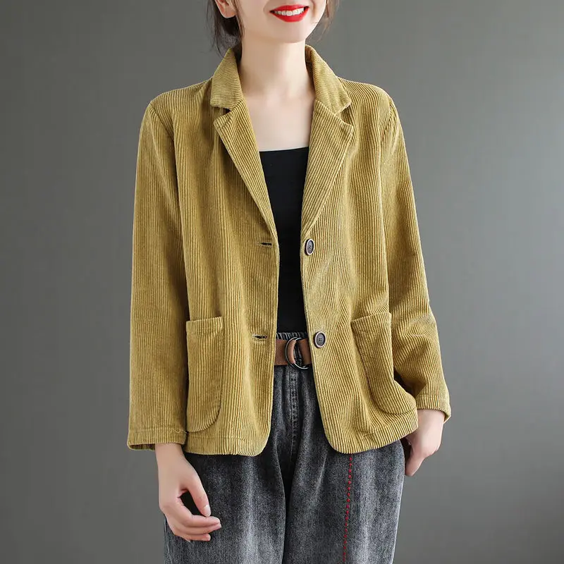

Luck A Vintage Women Corduroy Jacket Spring Autumn Coat Ladies Casual Outwears Female Long Sleeve Loose Single Breasted Blazers