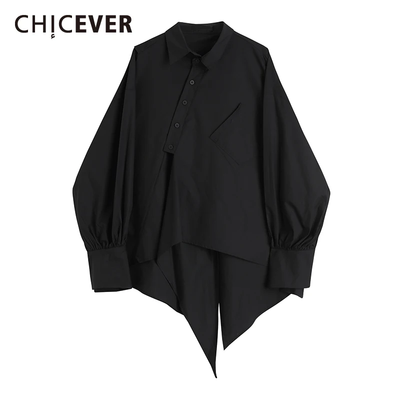

CHICEVER Straight White Shirt For Women Lapel Collar Long Sleeve Irregular Hem Minimalist Solid Blouses Female 2021 Fashion New