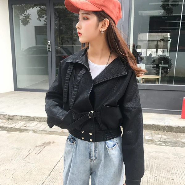 Женская винтажная куртка бомбер из искусственной кожи с длинным рукавом в