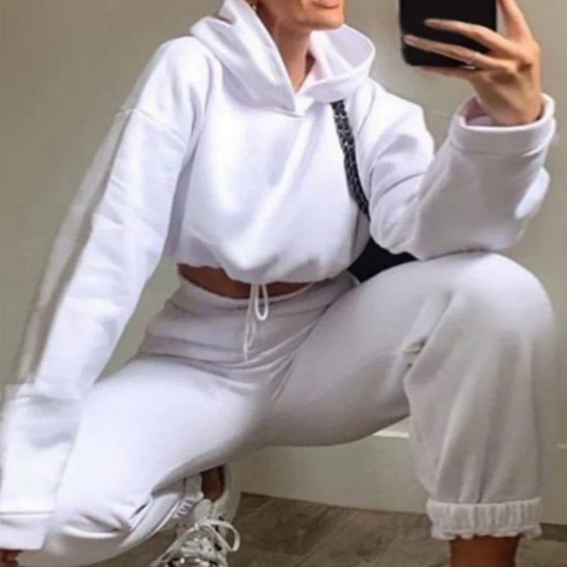 

Spring Solid Tracksuits Two Pieces Set Autumn Casual Long Sleeve Drawstring Hoodies Tops Pencil Trousers Loose Sweatshirt Set