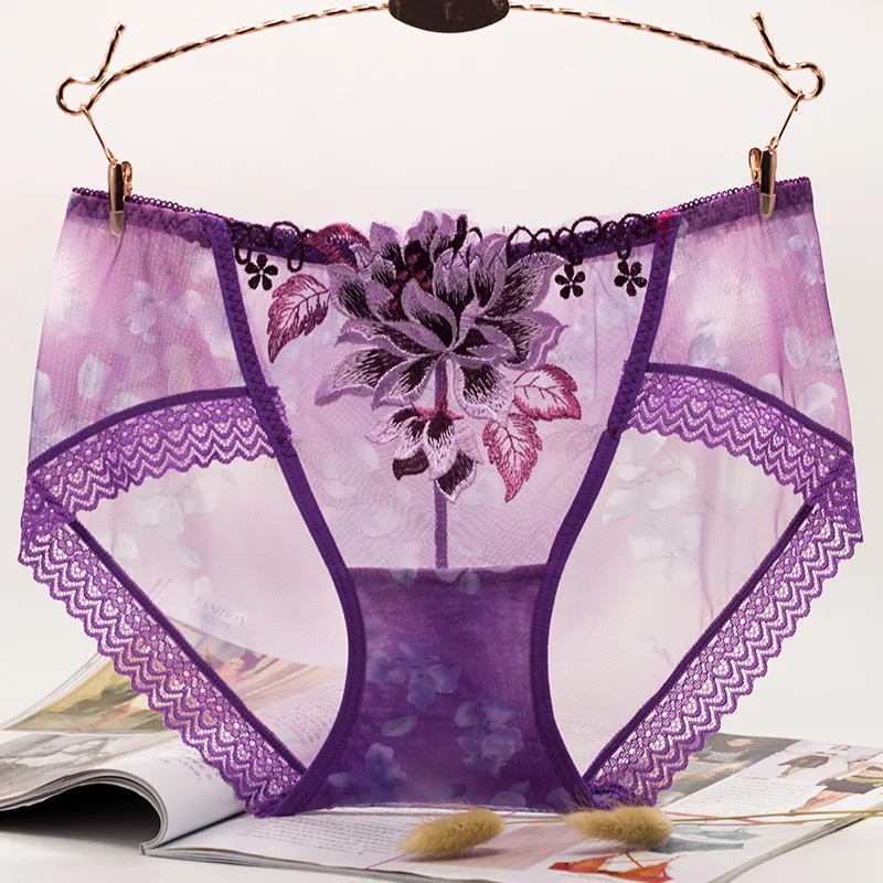 

Женские кружевные трусики с вышивкой Roseheart, фиолетовые хлопковые трусики с низкой талией, нижнее белье с цветочным принтом
