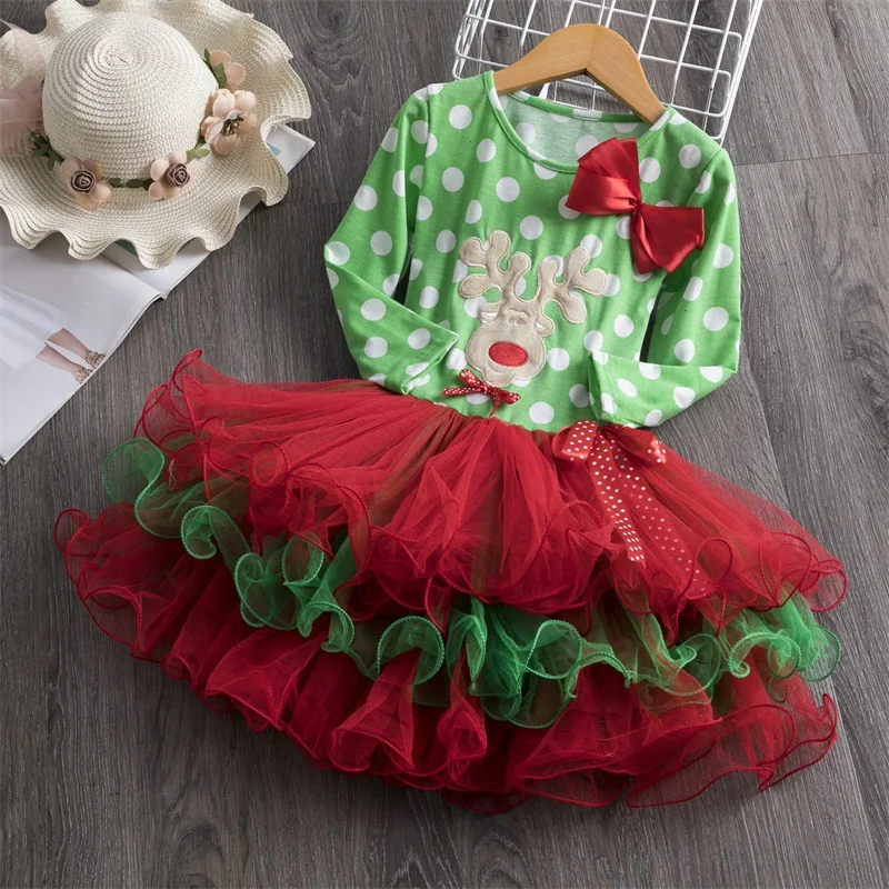 Antler Headband Christmas Dress Girls Deer Santa Sled Snow Gift Dress for Girl Xmas Print Children Wedding Party Dress 6m-5Y